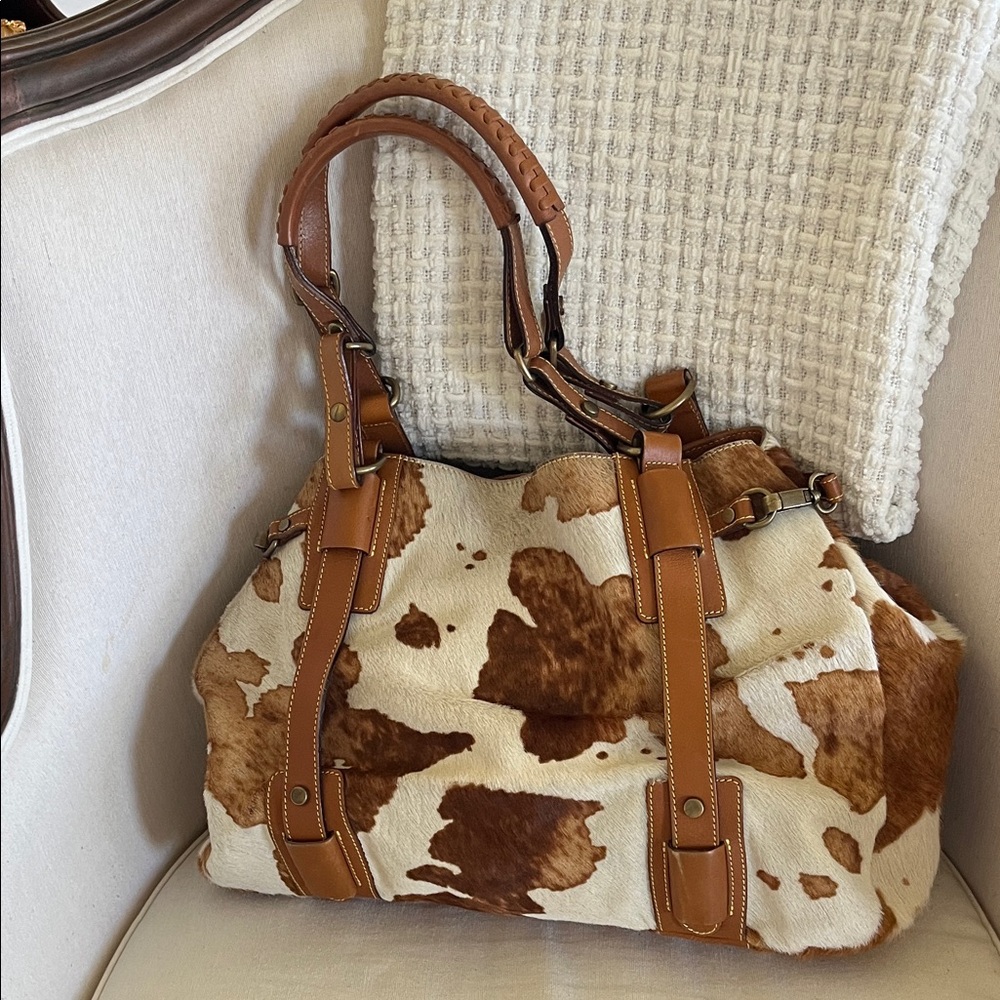 Cowhide Patchwork Shoulder Bag with Tan Leather Trim